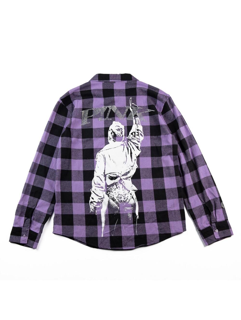P!NK Trustfall Tour Plaid Shirt Purple Black Rhinestone Graphic Button Up L